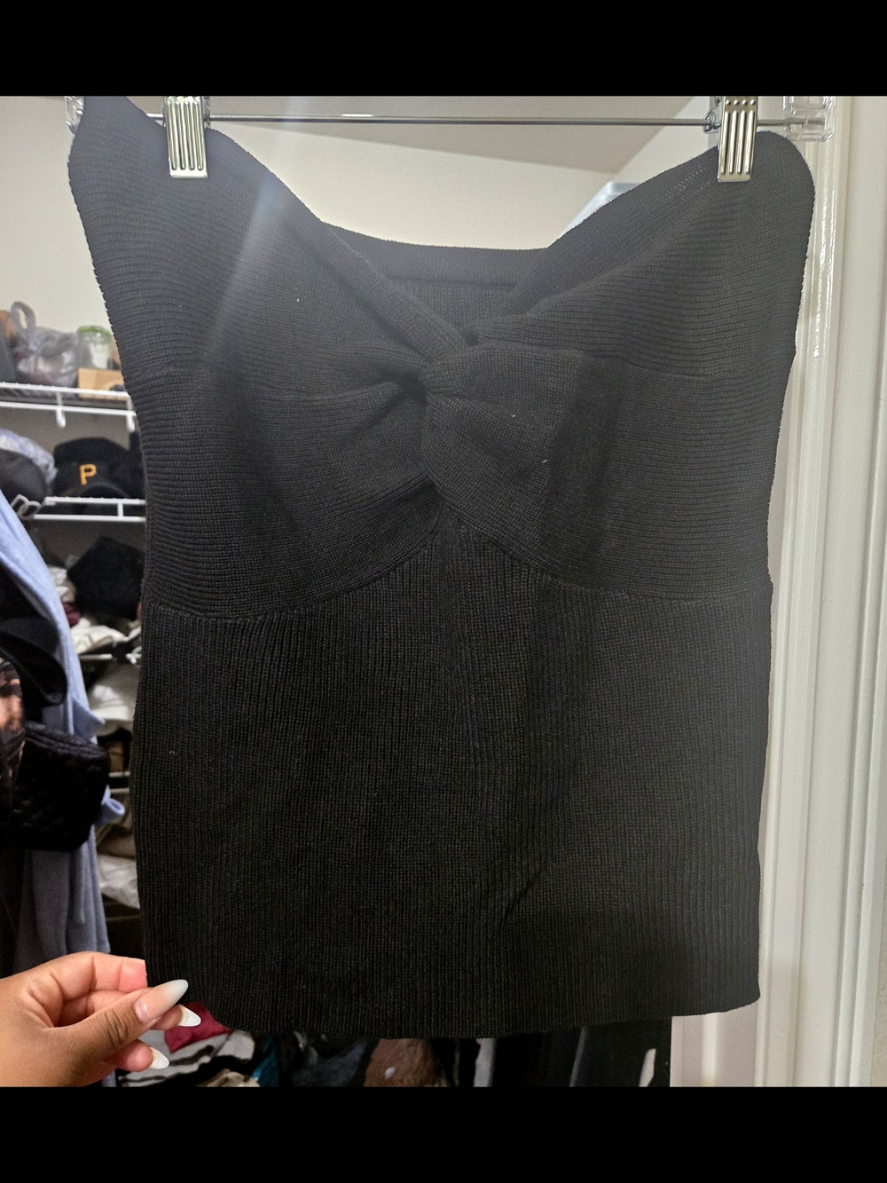 Black Strapless Knit Tube Top with Twist Front